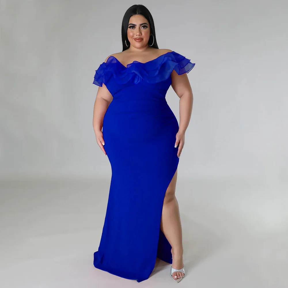 Plus Size 4xl Evening Dress Women Ruffle Mesh Sleeveless Long Party Dress Female Designer Fashion Outfit 2023 Spring Luxury Robe