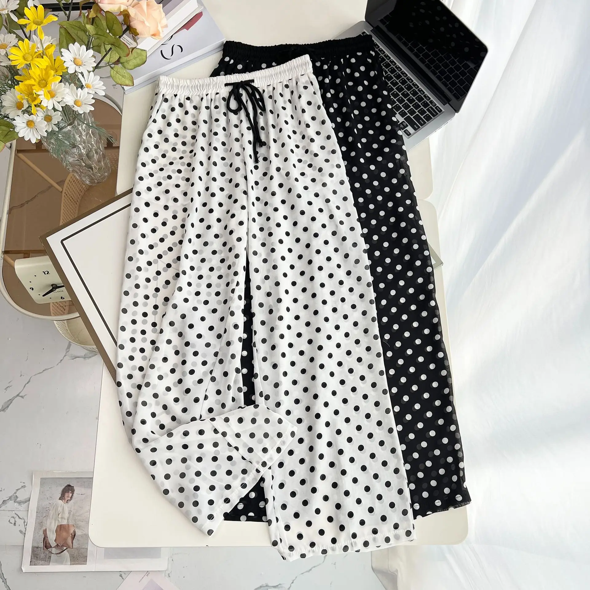 100kg Plus Size Women's Wide Leg Pants Casual Simple Translucent  Thin Polka Dot Chiffon Trousers Summer New 1686