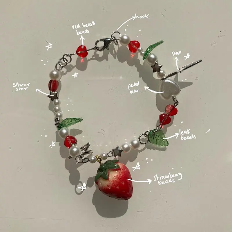 Handmade Beaded Strawberry Coquettish Gorgeous Fairy Core, Shanzhai Core Y2K Bracelet beaded bracelet