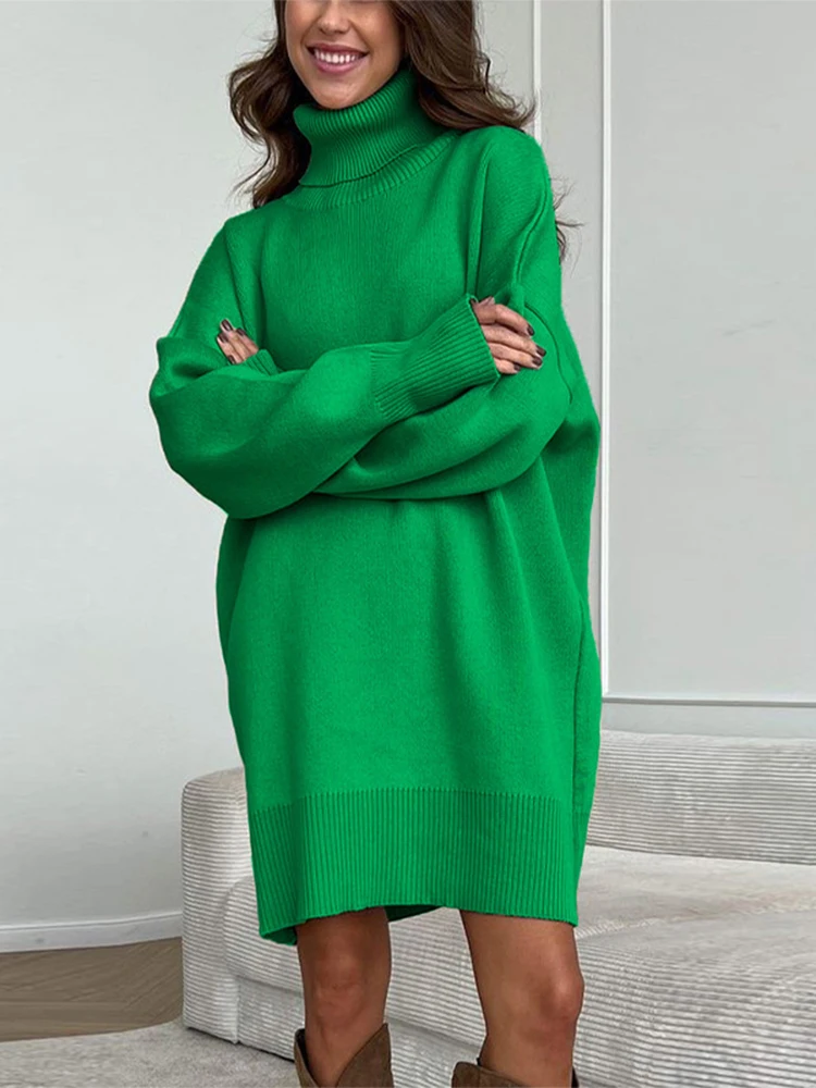 Solid Turtleneck Cashmere Knitted Sweaters Female Loose Sleeve Pullover Wool Dress Autumn Winter Lady Outwear Jumpers