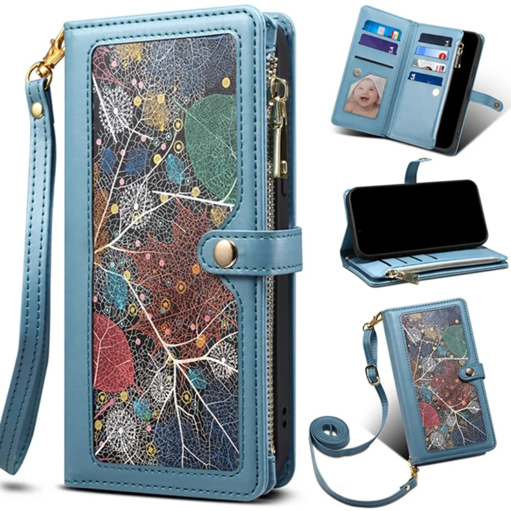 Luxurious Crossbody Zipper Leather Flip Case with RFID Protection Wallet Cover