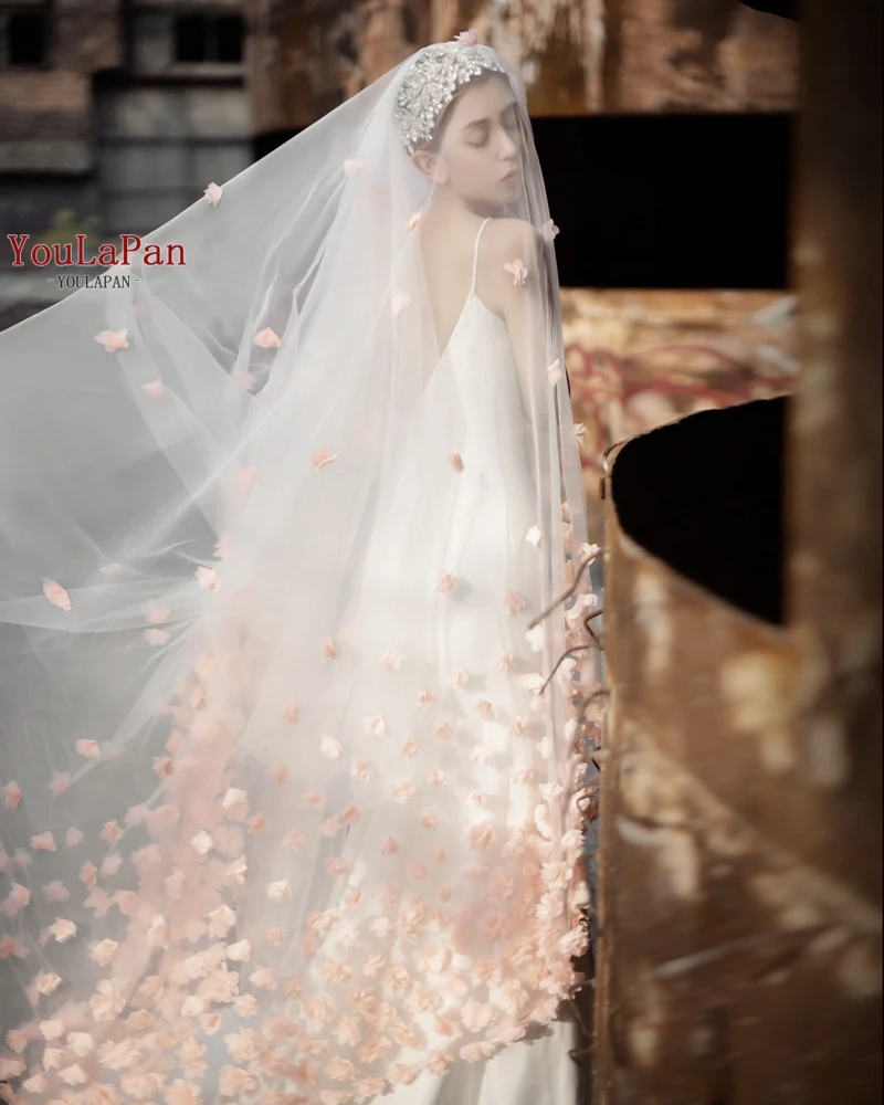 

YouLaPan V95 Pink 3d Flowers Wedding Veil Khimar 3 Voiles Soft Single Tier Bridal Veil with Blusher Cathedral Drop Veil Welon 3m