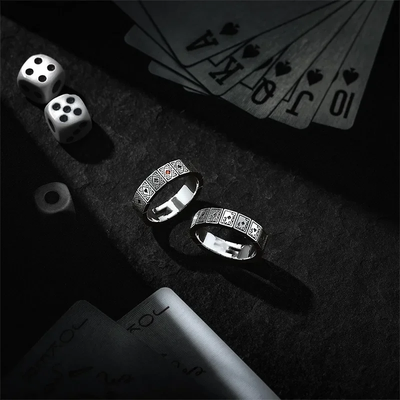 Poker card ring, men's trendy square, red heart, spade, and peach ring, high-end original design 3