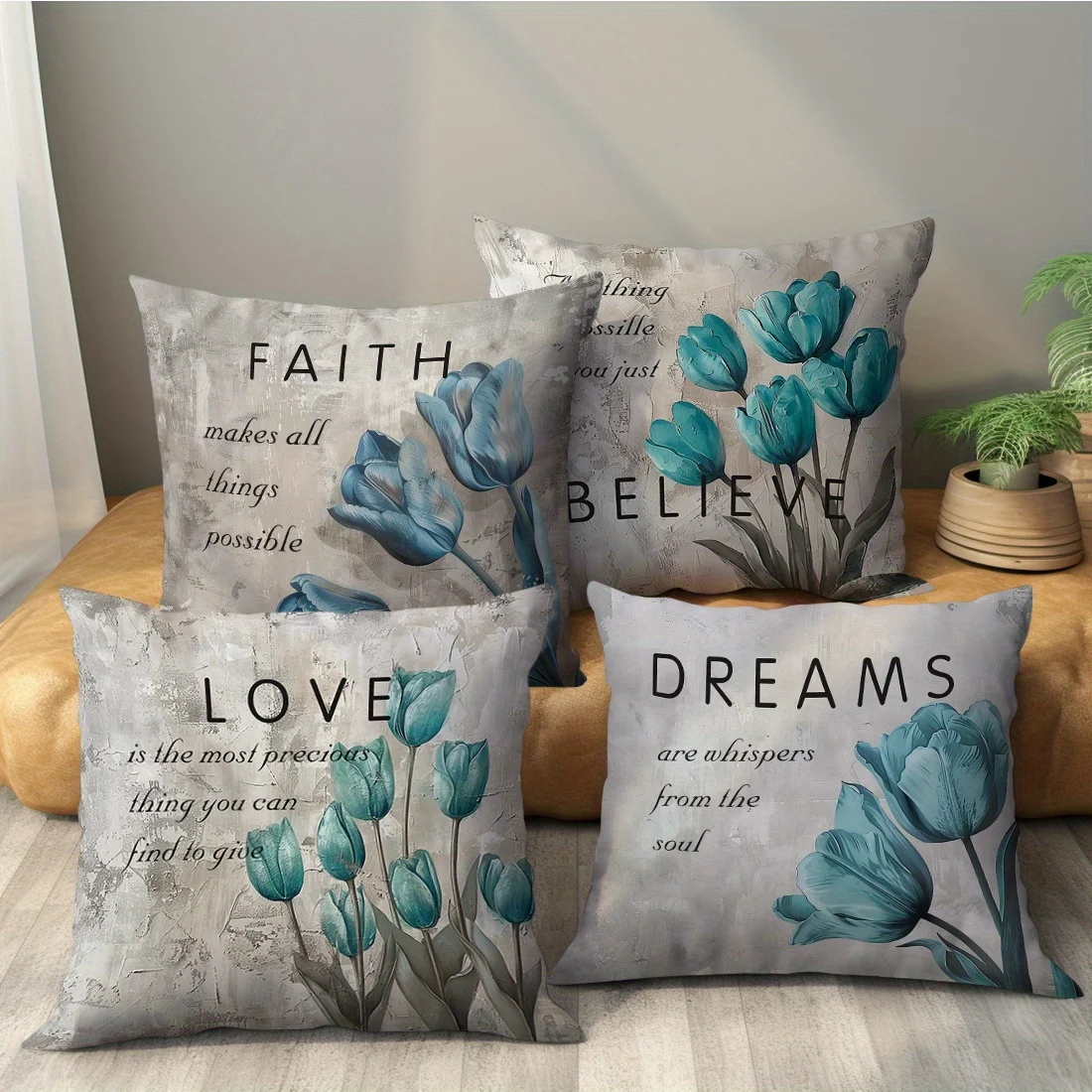 4PCS Blue Tulip Plush Pillow Covers (No Pillow Inserts) 2