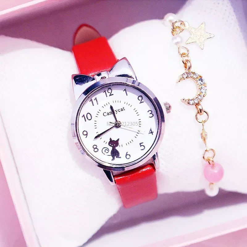 Cute Kids Children Watch Cartoon Cat Multi-color Quartz Clocks for Girls Clock WristWatch Rosette Watches Colorful Gift(No Box)