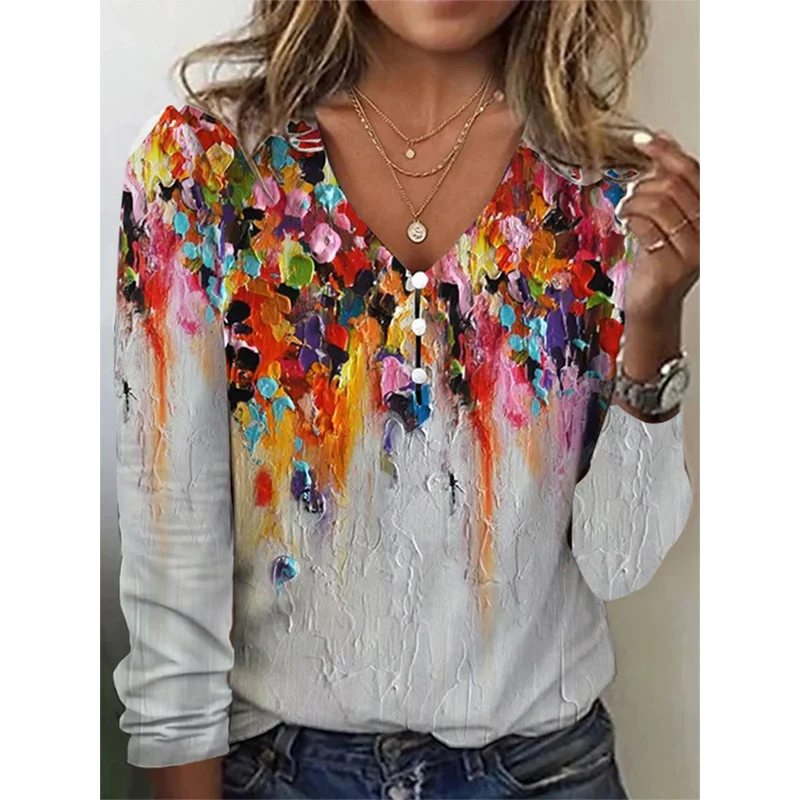 

Spring Autumn V-neck Streetwear Tie Dye T-shirt Ladies Long Sleeve Casual Fashion Pullover Tee Female All-match Harajuku Y2K Top