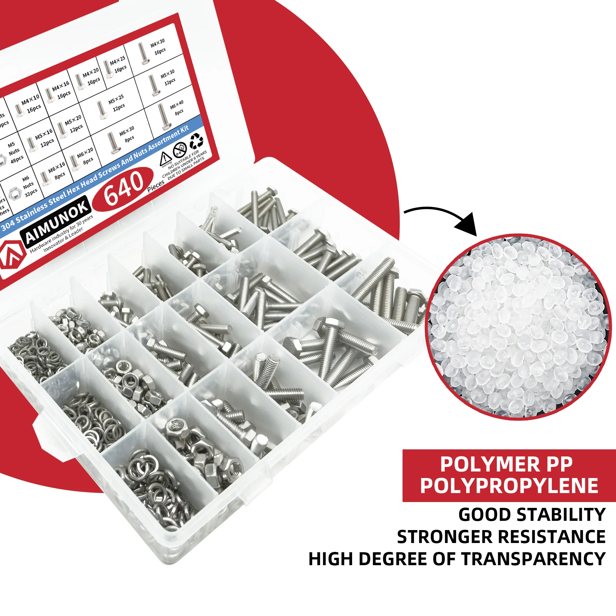 640pcs M4 M5 M6 Heavy Duty Bolts and Nuts Assortment Kit, 304 Stainless Steel, Includes 13 Most Common Sizes
