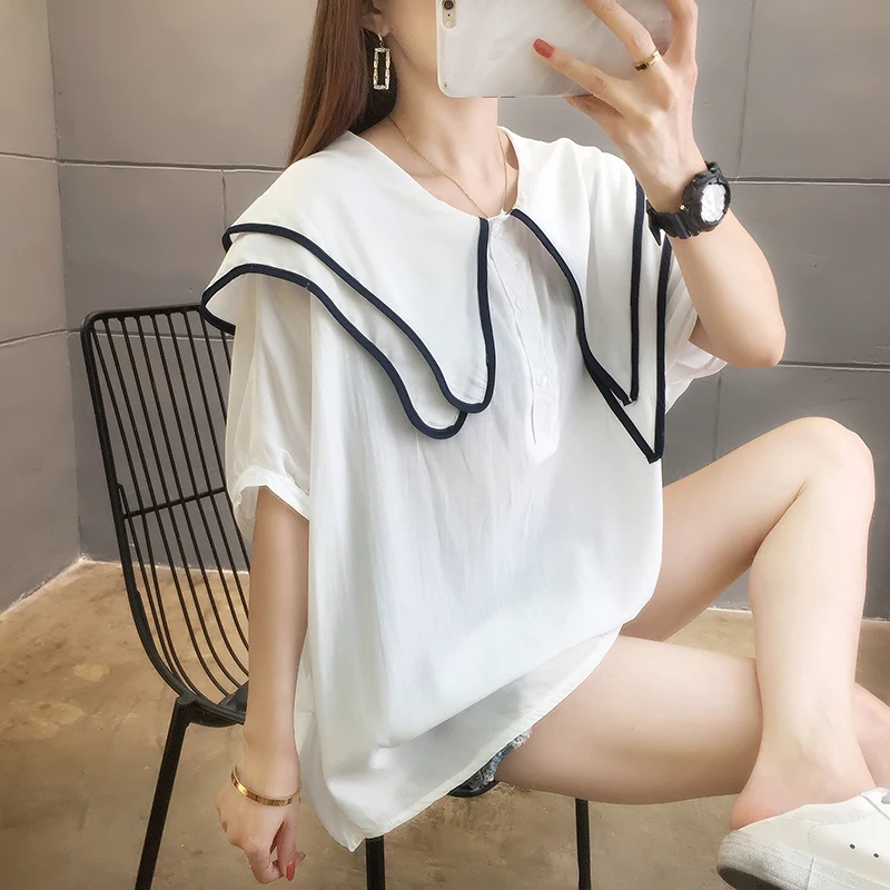 

DAYIFUN 2024 Summer Thin Shirts Female New Summer Doll Neck Chiffon Thin Blouses Korean Loose Short Sleeved Blusas Women's Tops