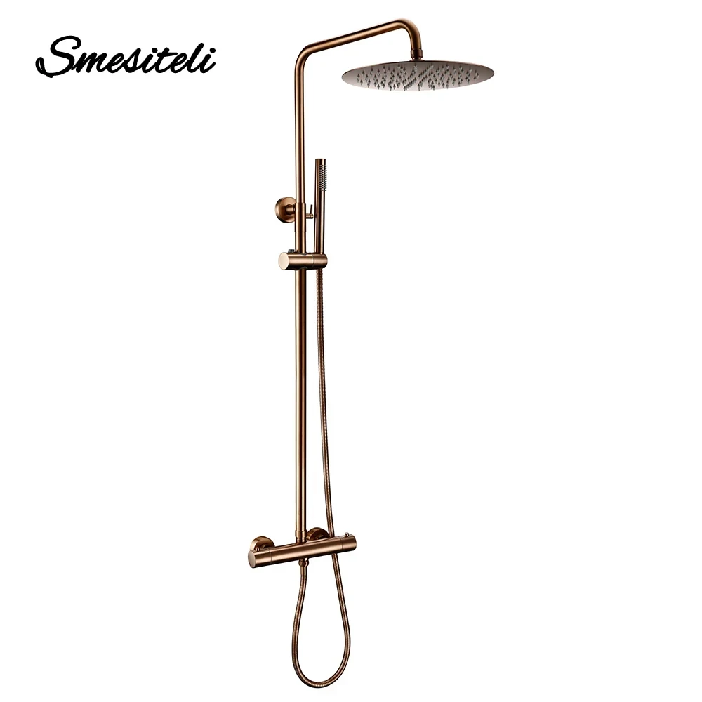 Bathroom Shower Faucet Set Thermostatic Mixing Valve Thermostat Mixer Shower Wall Mount Bathroom Faucet Diverter With Rain Head HandShower Thermostatic Solid Brass Premium