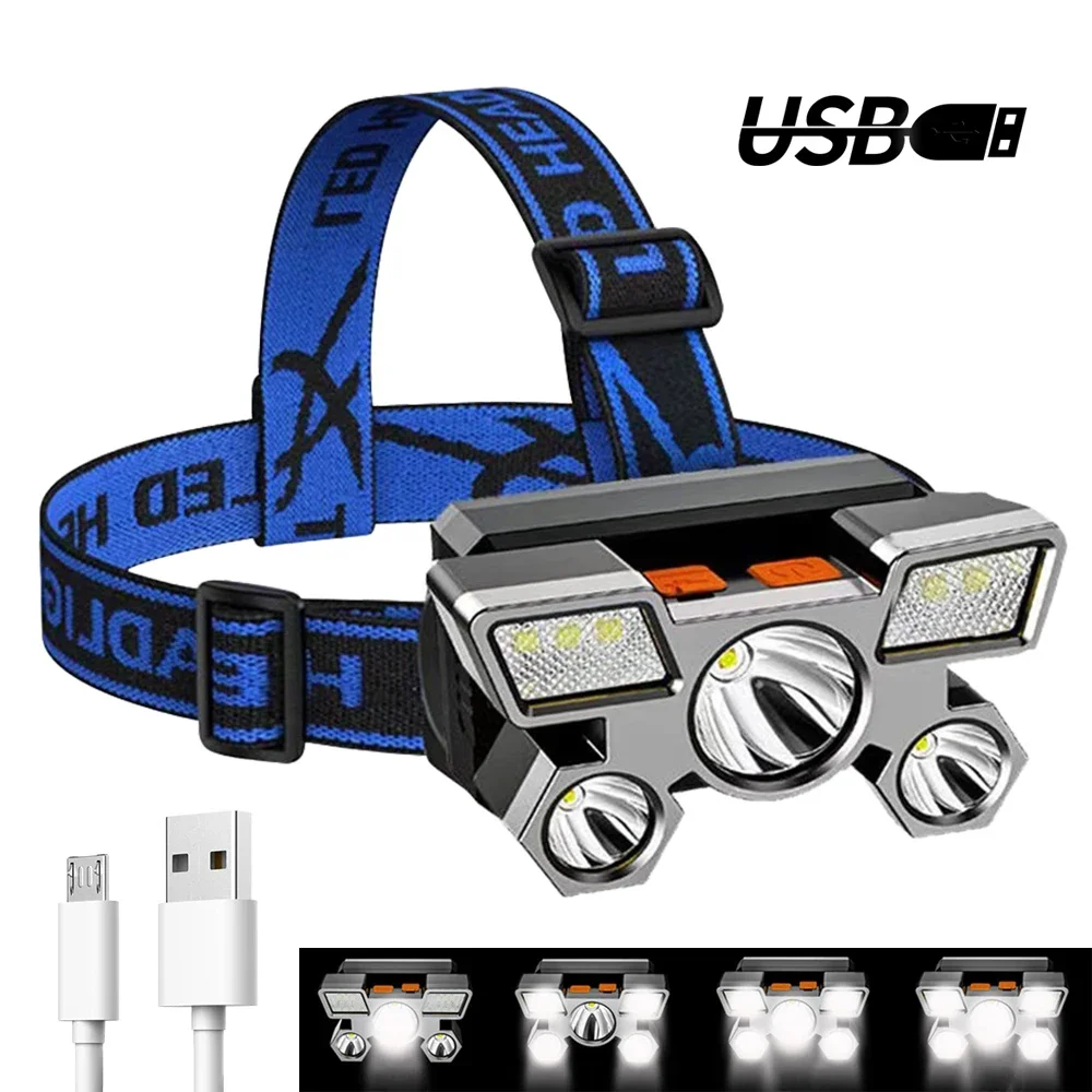 

5LED Headlamp USB Rechargeable Strong Lamps 90 Degree Adjustment Waterproof for Campings Adventure Fishing Flashlight Lighting