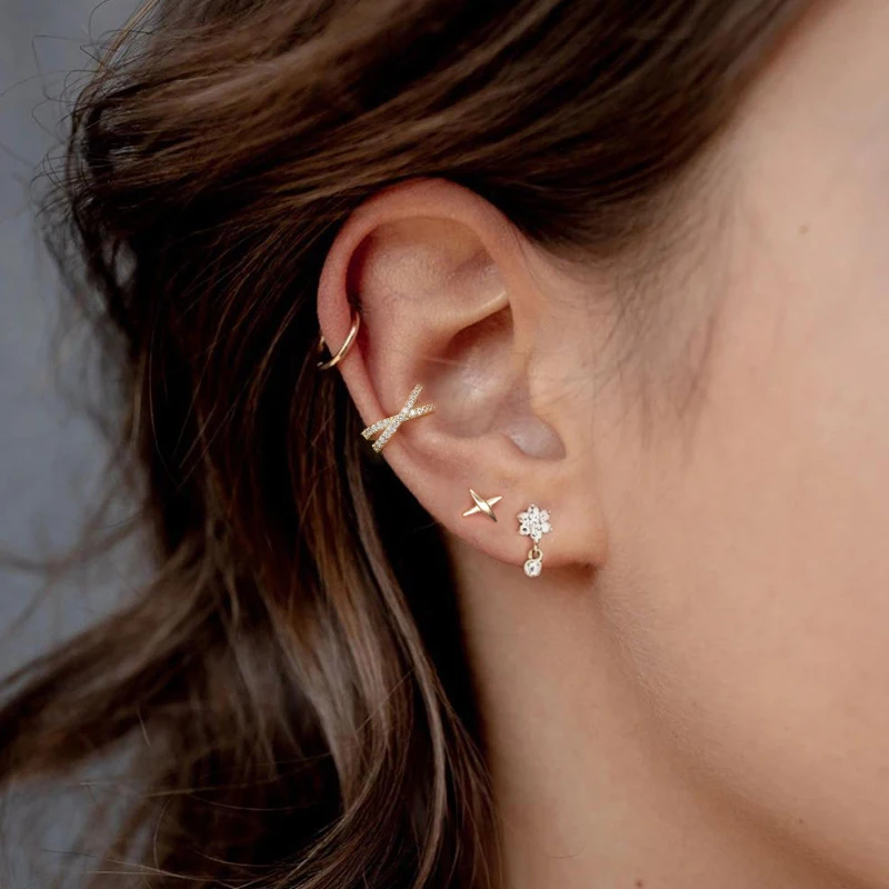 

Cross Single Earrings Double Layered Diamond Earwear Stud Ear Buckle Hollow Circular Ring Earring S925 Sterling SilverJewelry