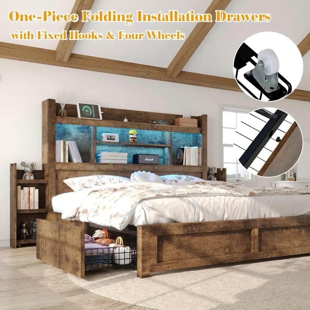 bedstead with 49.6" Bookcase Headboard & 2 Detachable Bedside Stoage Racks & 4 Drawers, with RGB LED & Charging Station,bedstead 5