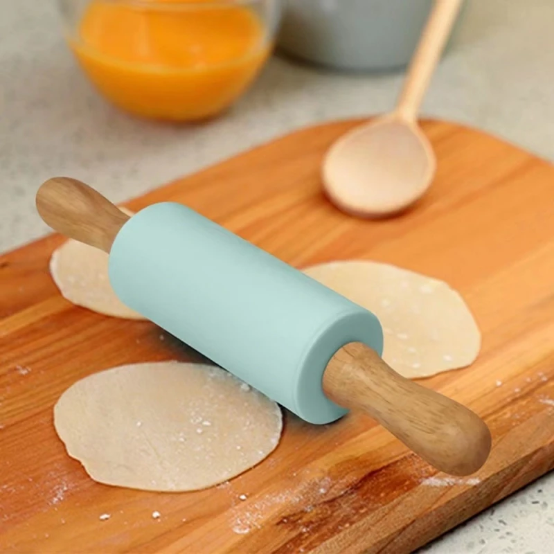 

Non-Stick Silicone Rolling Pin Wooden Handle Pastry Dough Flour Roller Kitchen Cooking Baking Tool For Pasta Cookie Dough