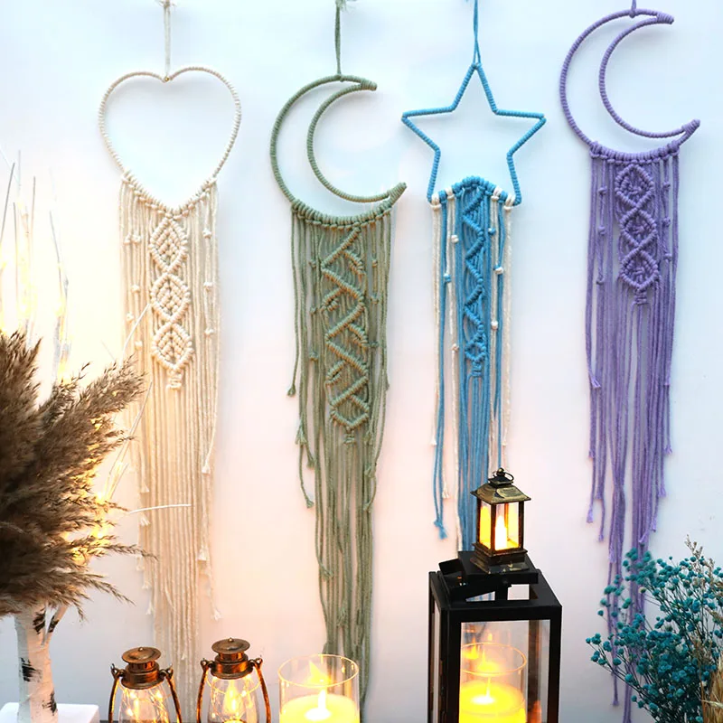 MacrameMoonAndStarRoundHeartDreamCatcherBohoHomeDecorMacrame