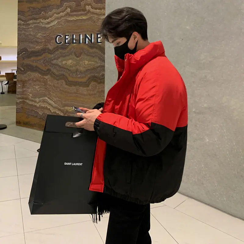 Cotton Coat Men's Winter Color Contrast Stand-up Collar Cotton Coat Korean Version Trend Loose and High-grade Feel Thickened
