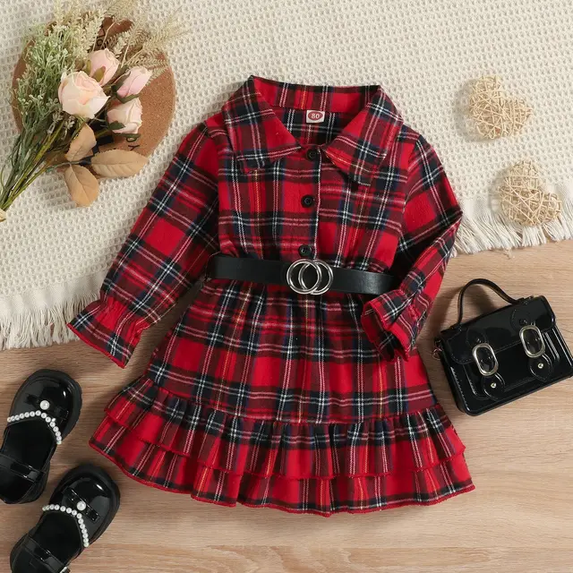 High-quality girl dress with brushed English plaid pattern and Princess style.