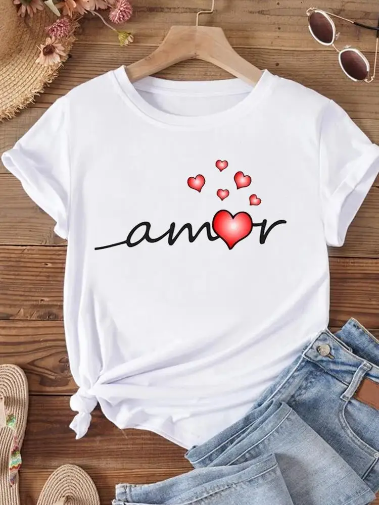 

Fashion O-neck T Shirt Graphic T-shirts Print Short Sleeve Clothing Sweet Love Trend 90s Lovely Tee Top Women Clothes