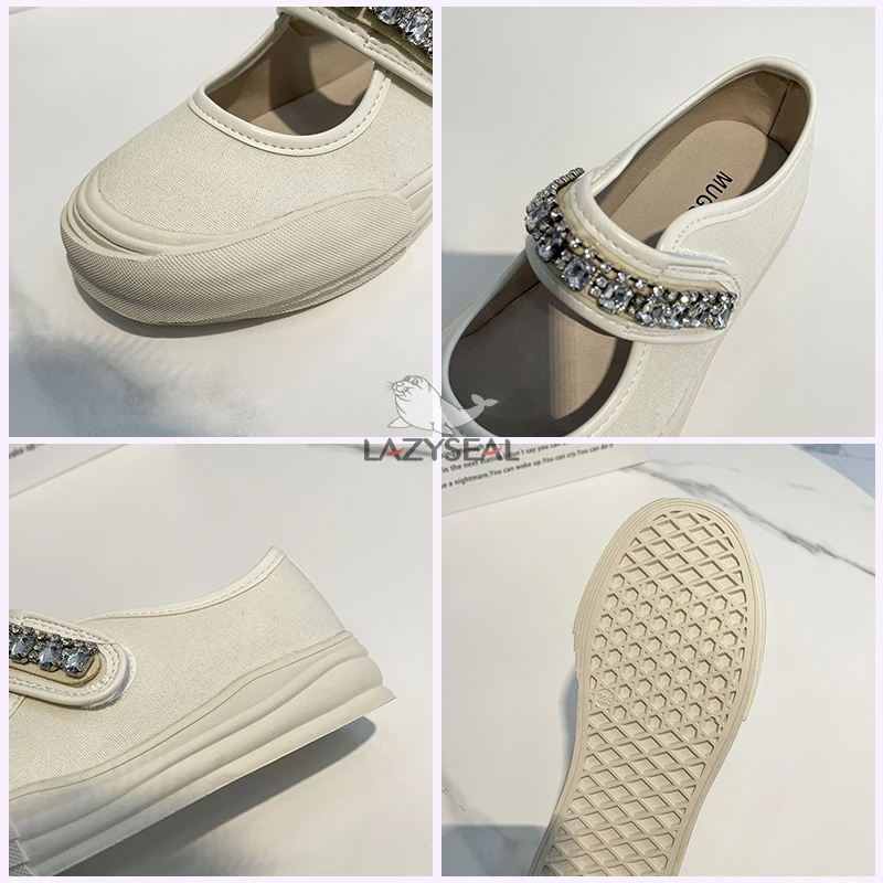 LazySeal Women Flat Crystal Design Round Toe Casual Shoes Hook Loop Canvas Upper Ladies Footwear Summer Breathable Flat Shoes