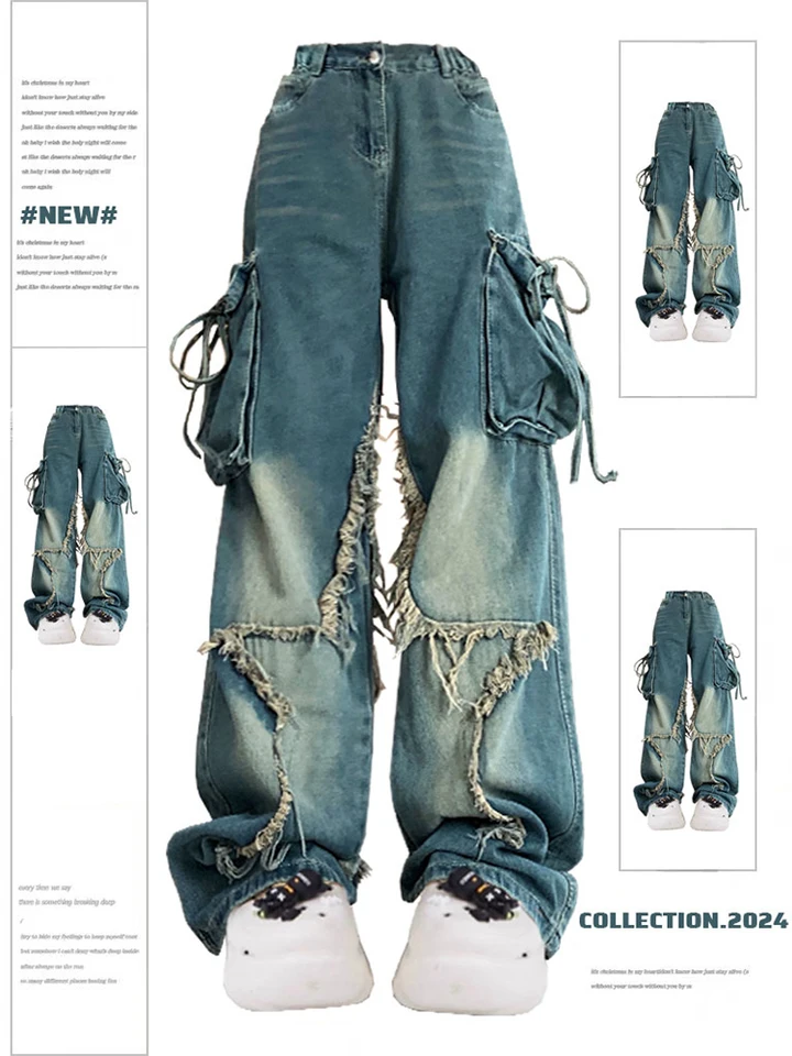 Women Blue Cargo Jeans Baggy Vintage 90s Aesthetic High