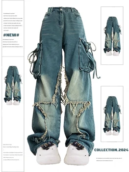 Donne Blu Cargo Jeans Baggy Vintage anni '90 Estetica A Vita Alta Pantaloni Da Cowboy Harajuku Pantaloni In Denim Y2k Trashy 2000s Vestiti 2024 1