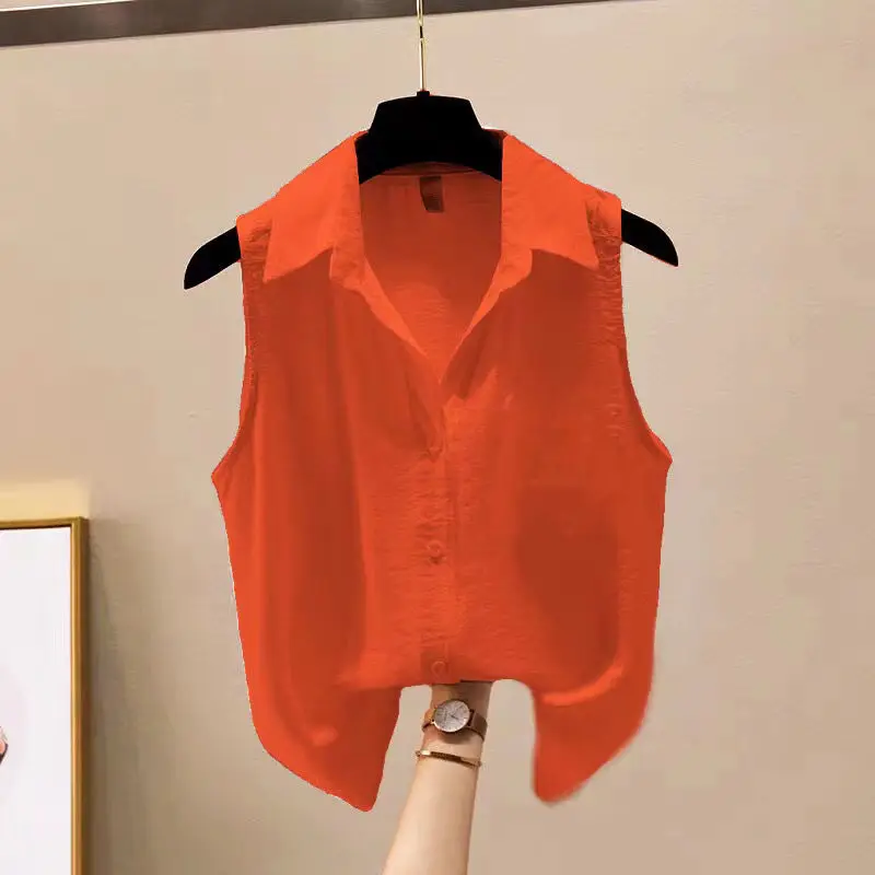 

2022 Summer Korean Style Slim All Match Chiffon Blouses Women Solid Sleeveless Ladies Shirts Spliced Loose Casual Tops Cardigans