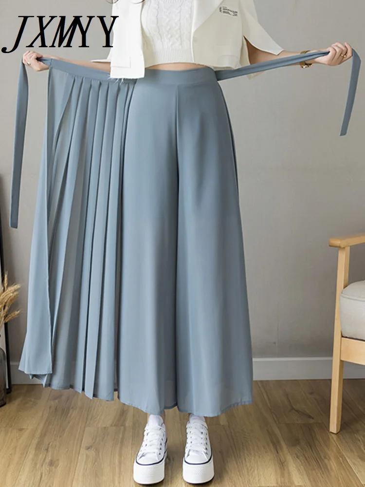 

JXMYY 2023 Spring Summer New Style Korean Women Pleated Chiffon Trousers High Waist Pants Hakama Casual Wide Leg Pantalones