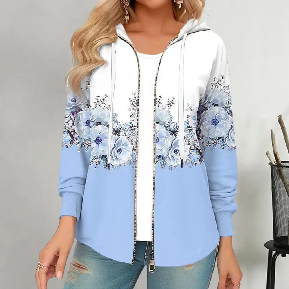 

Autumn Winter Women Hooded Coat Flower Print Zipper Closure Long Sleeve Lady Coat Thick Drawstring Elastic Cuff Lady Jacket