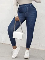 Plus Size Women's High Elasticity Pants Imitation Jeans Printed Washed Effect Slim Fit Female Bottoms Casual Knit Trousers