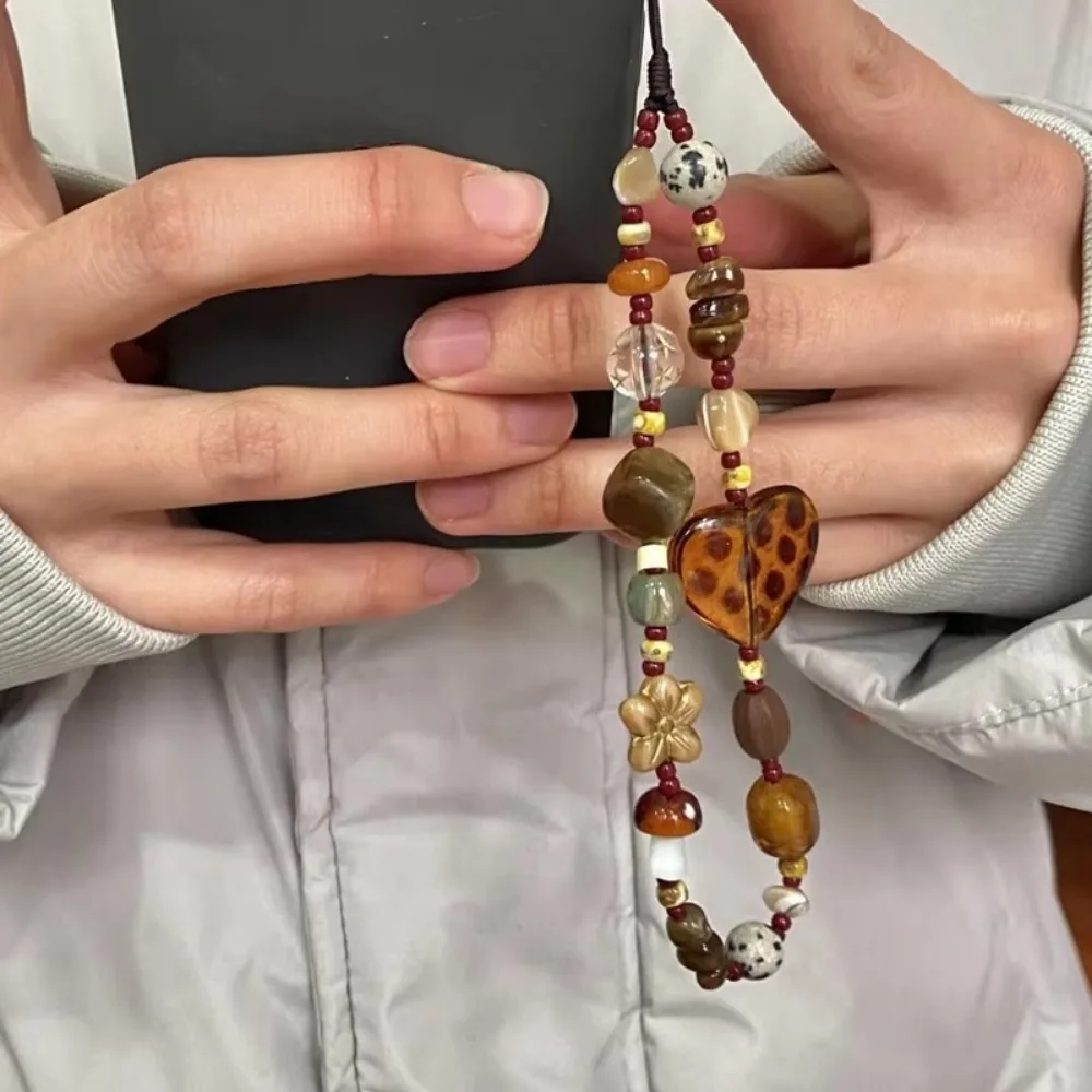 Y2K Retro Phone Chain Rope Resin Leopard Heart Beaded Hanging Cord Bag Pendant For Girl Woman