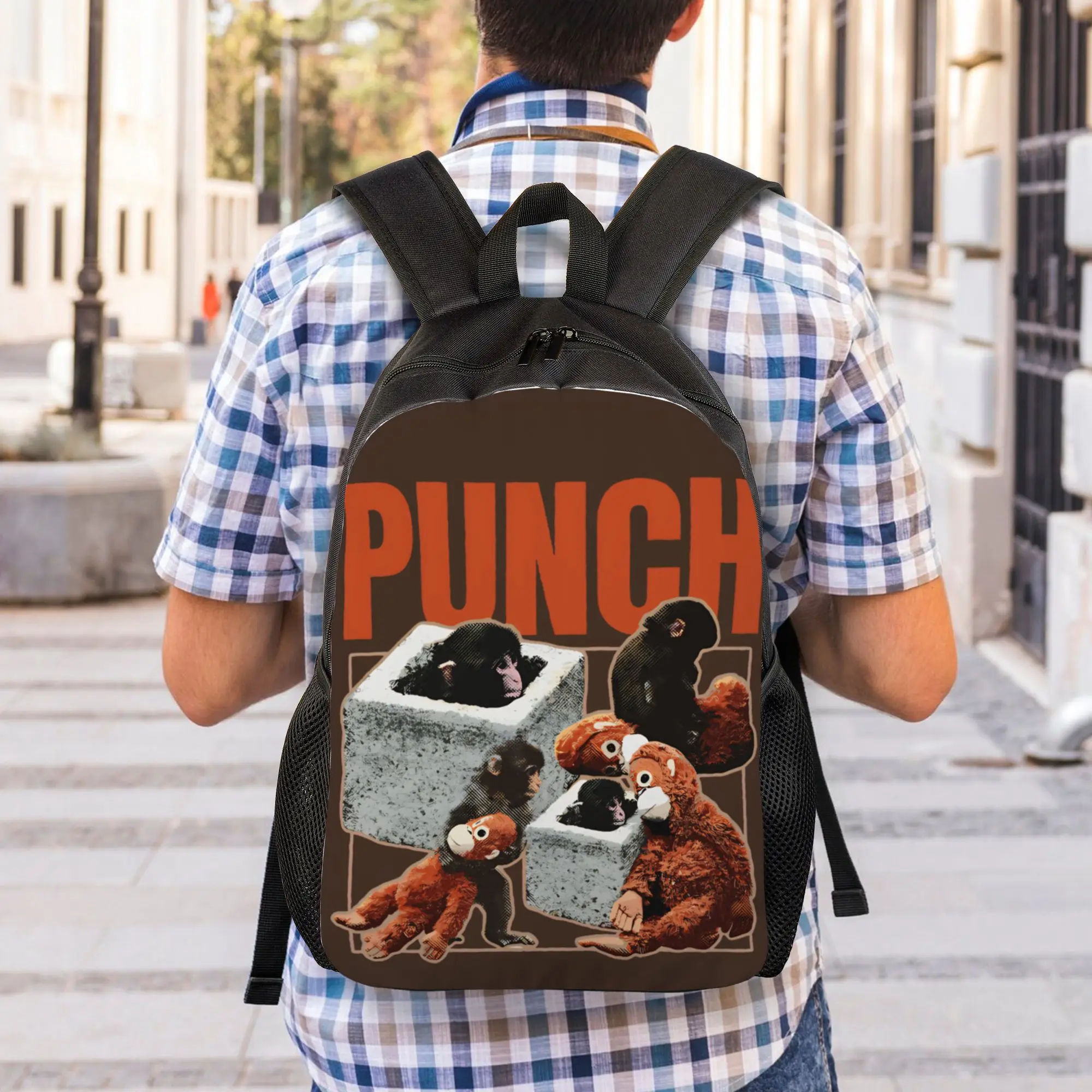 Punch Monkey Hang In There Punch-Kun 남성용 백팩 캐주얼 학생 작업용 데이팩 노트북 컴퓨터 숄더백 경량