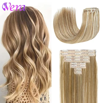 Straight Clip In Hair Extensions 8pcs With 18 Clips Real Human Hair Clip Ins Double Weft #8/613 Ash Brown Mix Bleach Blonde Hair