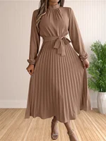 Women's Long Dresses Summer Elegant Pleated Long Sleeveed Lace Up Dresses Beach Boho Wrap Ruffle Hem Swing Sundress