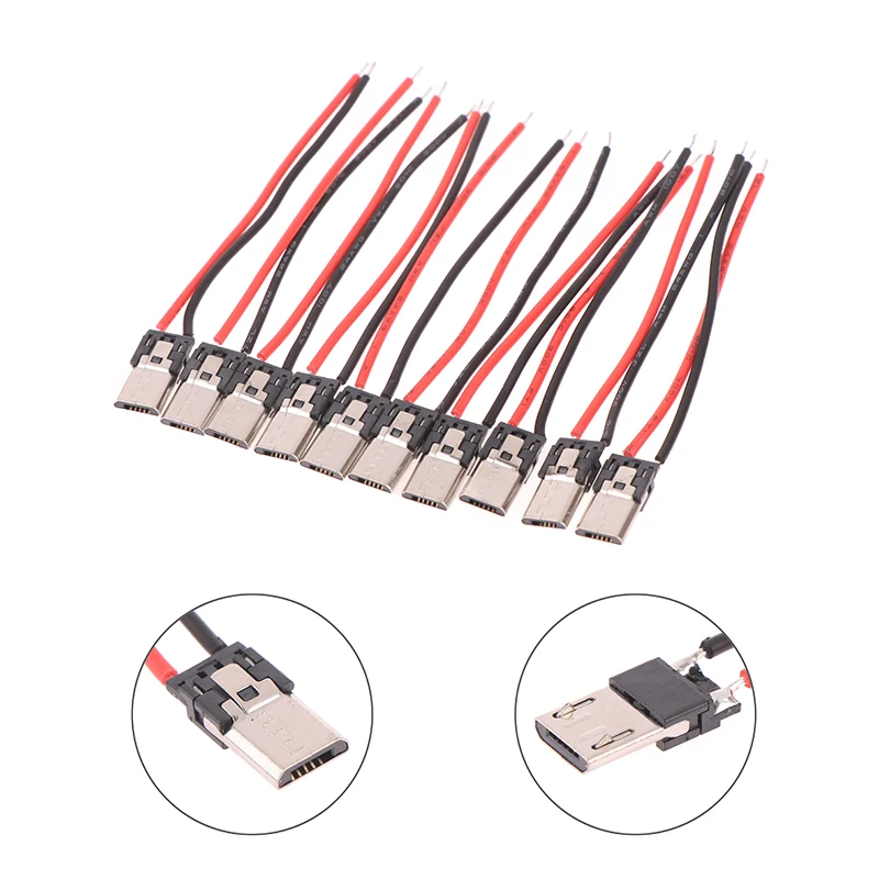 10Pcs 2P Micro USB Male With Cable 2Pin Welding Wire Male Connector Straight For Mobile Phone Charging Port Charging Socket phone charger plug phone charging adapter