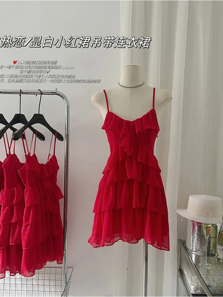 2023 Summer Women Spaghetti Strap Dress Ruffles Design Mini Beach Party Prom Aesthetic One-Piece Frocks Solid Color New Clothing