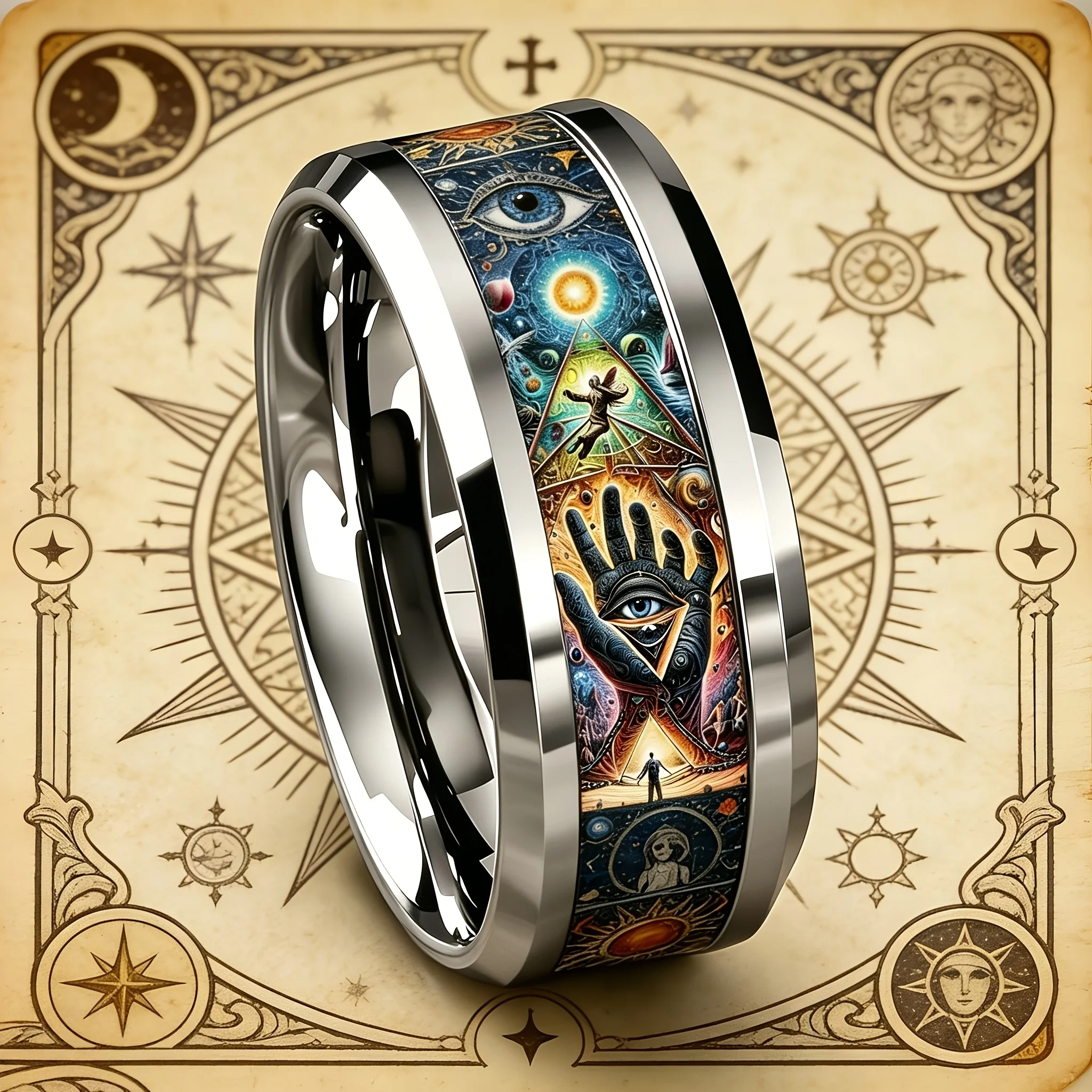 Vintage Men Stainless Steel Ring with Mystical Esoteric Tarot & All Seeing Eye Pattern Inlay Rings for Men Women Wedding Jewelry 2
