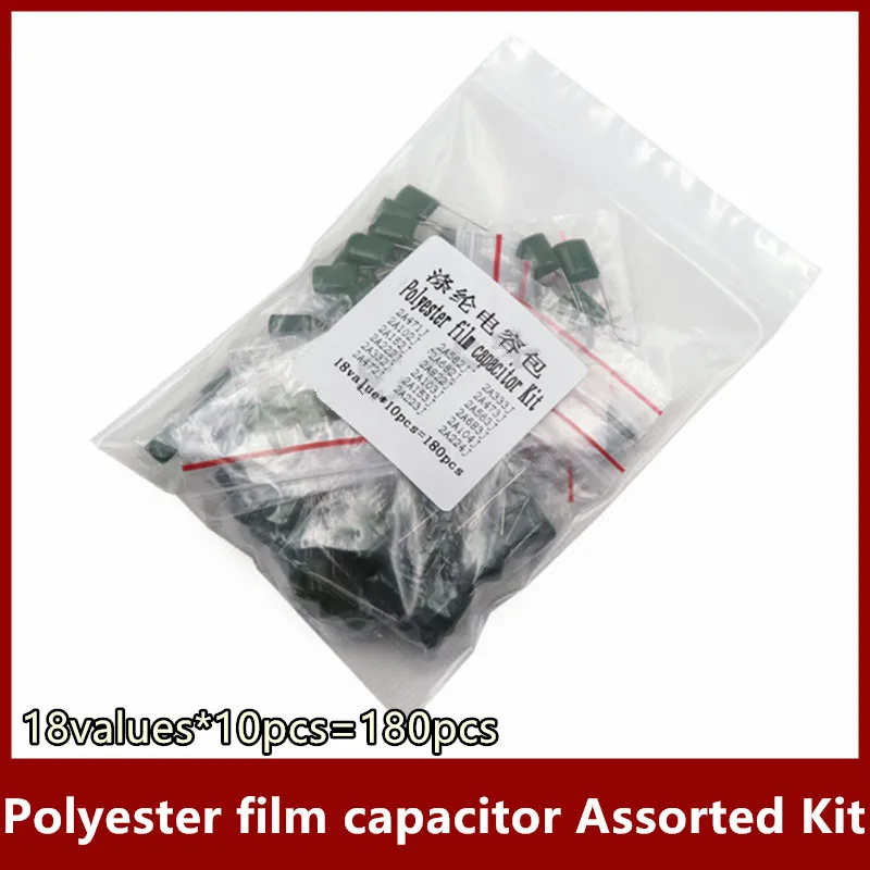 

18values*10pcs=180pcs Polyester film capacitor Assorted Kit contains 2A104J 2A332J 2A472J 2A103J 2A333J 2A473J 2A563J 2A223J