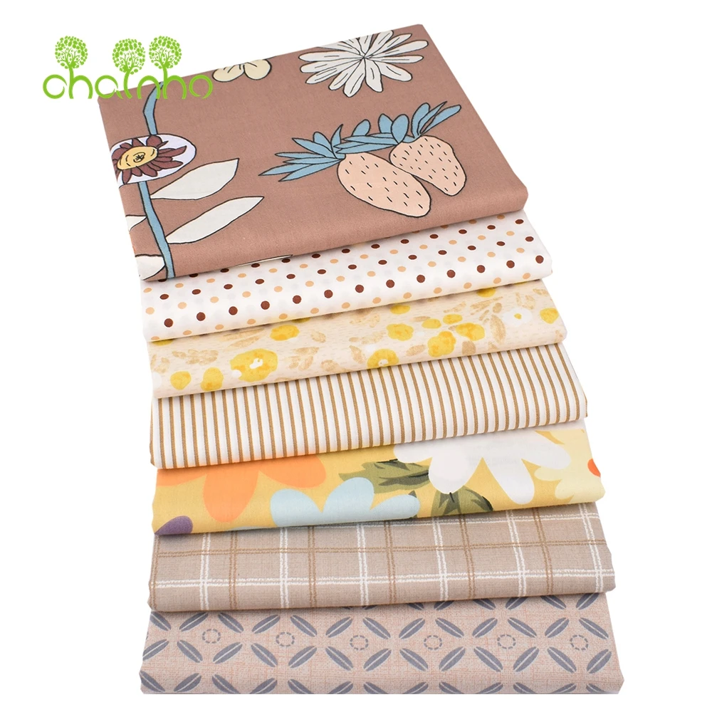 Chainho,Printed Twill Weave Cotton Fabric,DIY Sewing Quilting Material,Patchwork Cloth,Brown Floral Series,2 Sizes,15C255