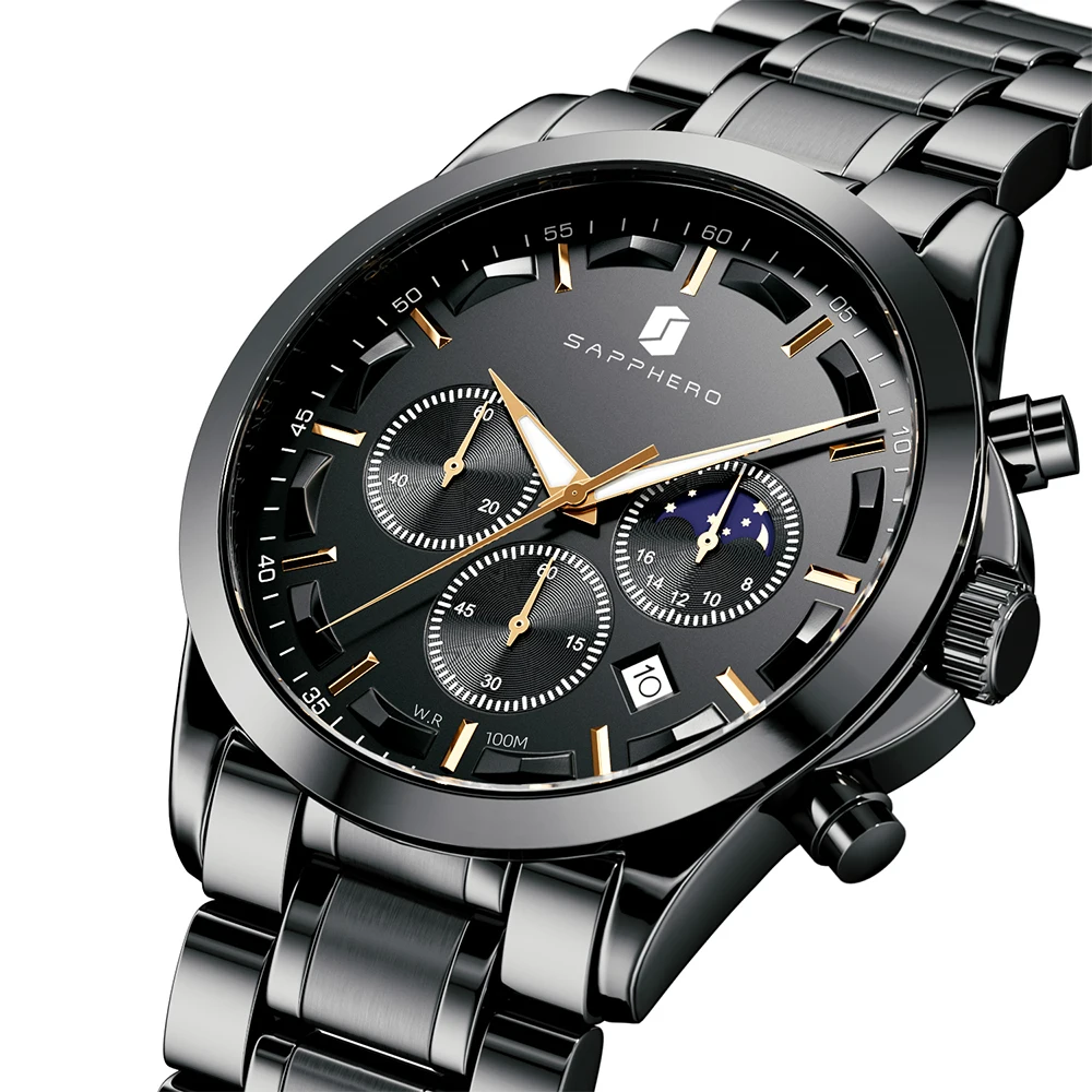 SAPPHERO Luxury Men's Watch Moon Phase Watch High Quality Multifunctional Chronograph Stainless Steel Men Waterproof Male Clock