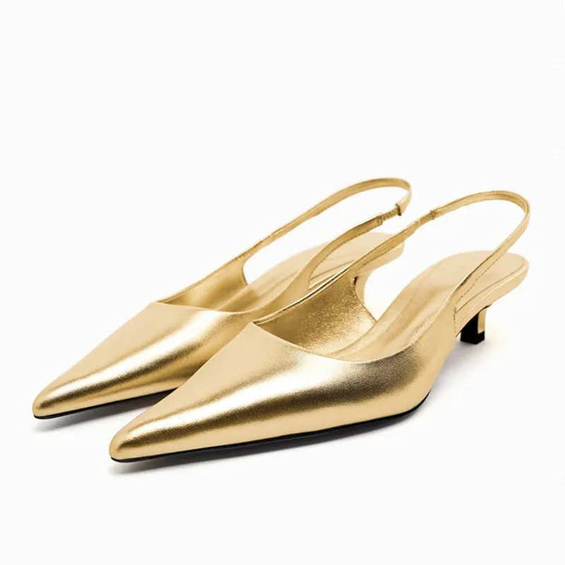 TRAF Summer Gold Heels For Women Sexy Leather Pumps Fashion Pointed Toe