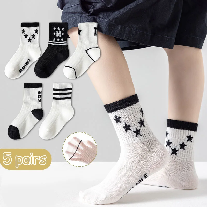 5 pairs of children's socks Summer thin mesh socks for girls boys mid-tube socks Large cotton socks for children