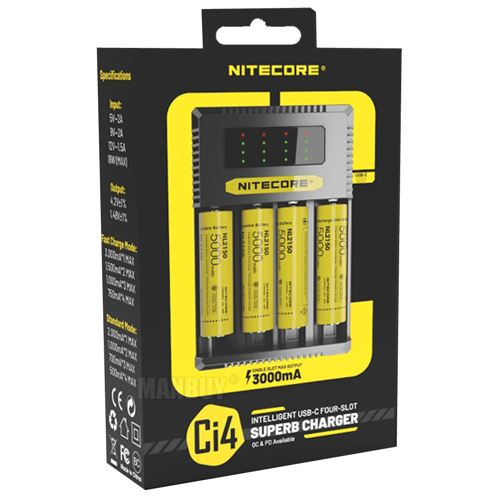 Nitecore Ci4 4-Slot Intelligent Usb-C Fast Superb Charger Per Batterie Li-Ion Ni-Cd Nimh 18650 14500 Cr123 16340 26500 18350 Aa