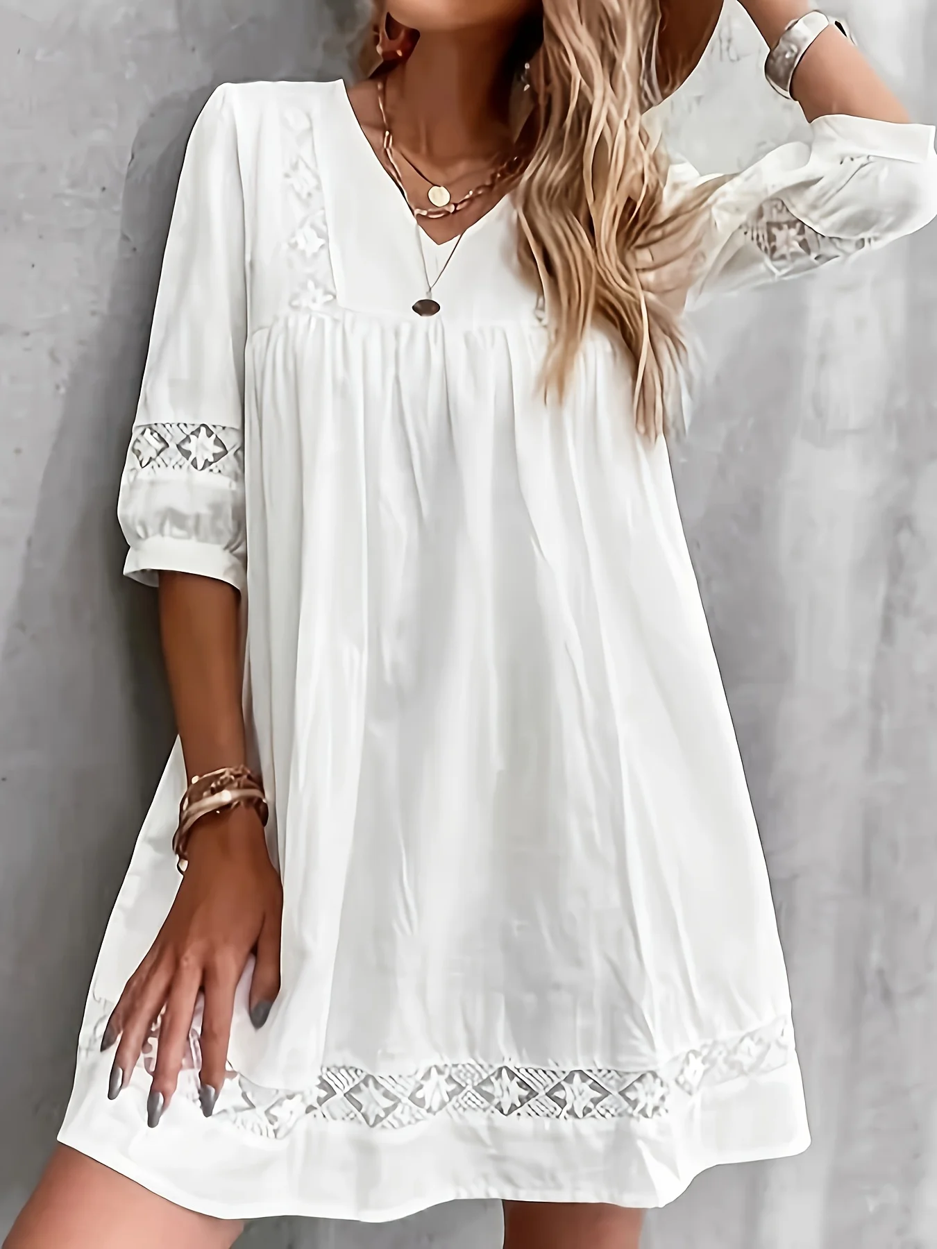 Lace Tassel V-Neck Three-Quarter Sleeve Dress | Casual Knee-length Cotton Dress