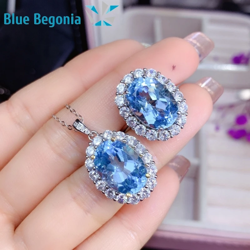 

Natural Blue Topaz Ring Pendant Set Real 925 Sterling Silver for Women Anniversary Gift 10*14mm gemstone