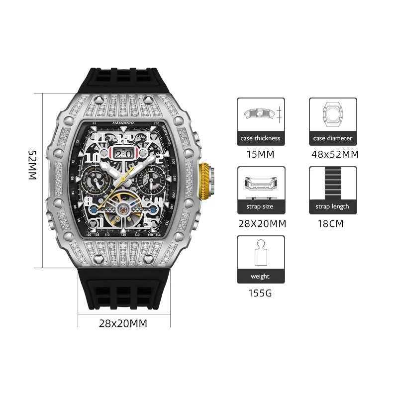 HANBORO Men Automatic Watch Luxury Mechanical Wristwatch Luminous Barrel Case 50M Waterproof Rubber Strap Multifunction Dial