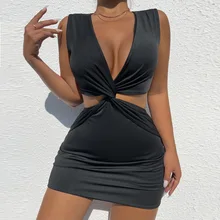

V-neck Sleeveless Sexy Dress with Waist Bag Buttocks Temperament Simple Pleated Bodycon Dress 2022 Spring and Summer New