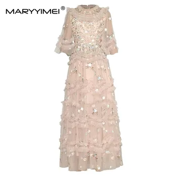 MARYYIMEI 여성용 메쉬 꽃 자수 드레스, 식용 나무 곰팡이 프릴, 우아한 파티 맥시 드레스, 패션 용수철 여름