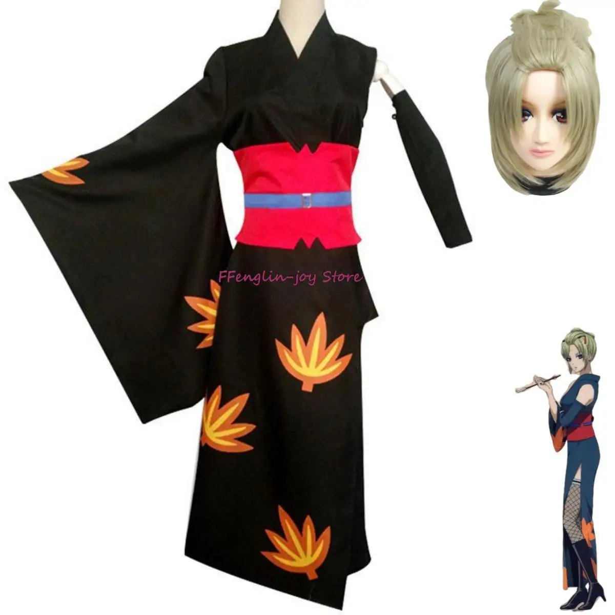 

Anime Gintama Tsukuyo Cosplay Costume Wig Japanese Printing Black Kimono Bathrobe Adult Woman Sexy Halloween Party Suit