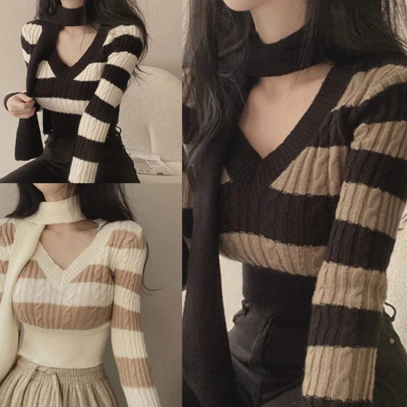 

Stylish Knit Striped V-Neck Skinny Sweater Crop Top with Scarf for Autumn/Winter