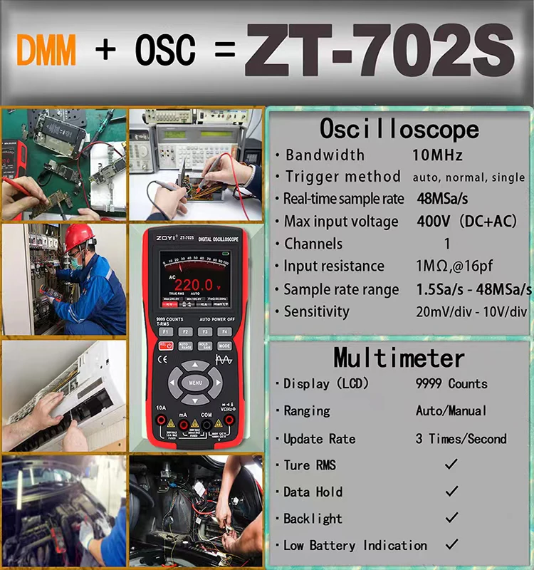 ZOYI ZT-702S 2 in 1 Handheld Digital Automotive Oscilloscope Multimeter, Single Channel 10MHZ Bandwidth,64Kbyte Record Length,48 2