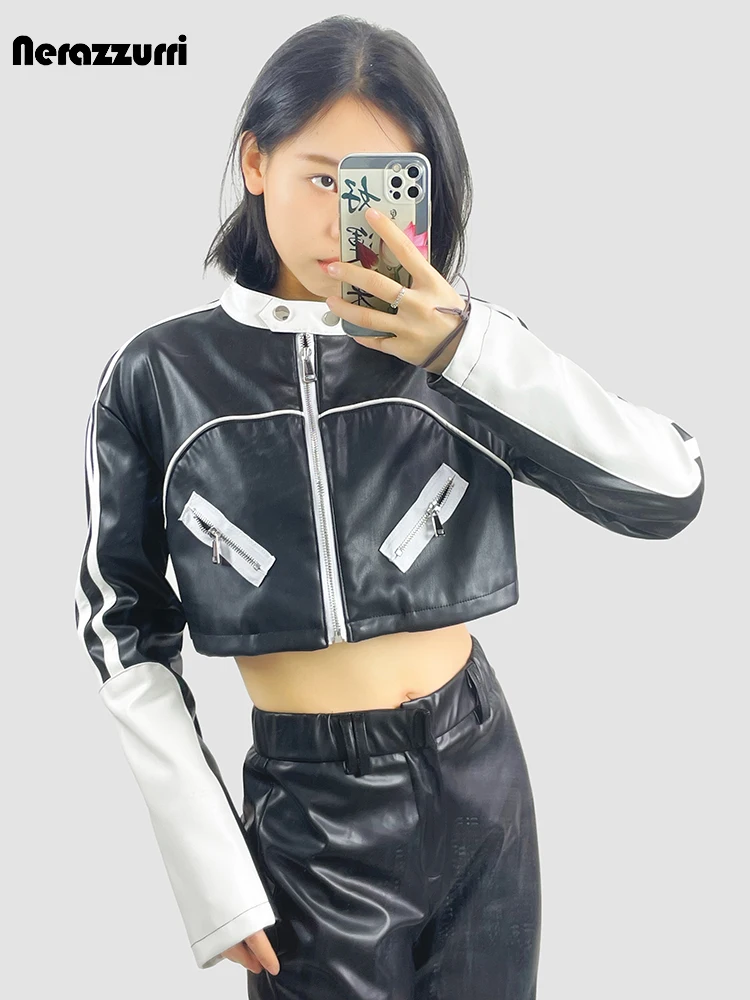 nerazzurri-spring-short-white-and-black-color-block-pu-leather-racer-jacket-women-stand-collar-long-sleeve-luxury-cropped-top